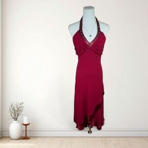 Y2K David's Bridal red halter midi dress beaded neckline romantic layered
